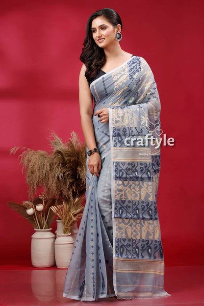 Gull Gray Bengal Handloom Jamdani Saree - Craftyle