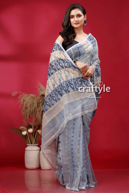 Gull Gray Bengal Handloom Jamdani Saree - Craftyle