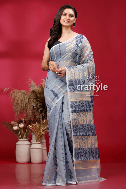 Gull Gray Bengal Handloom Jamdani Saree - Craftyle