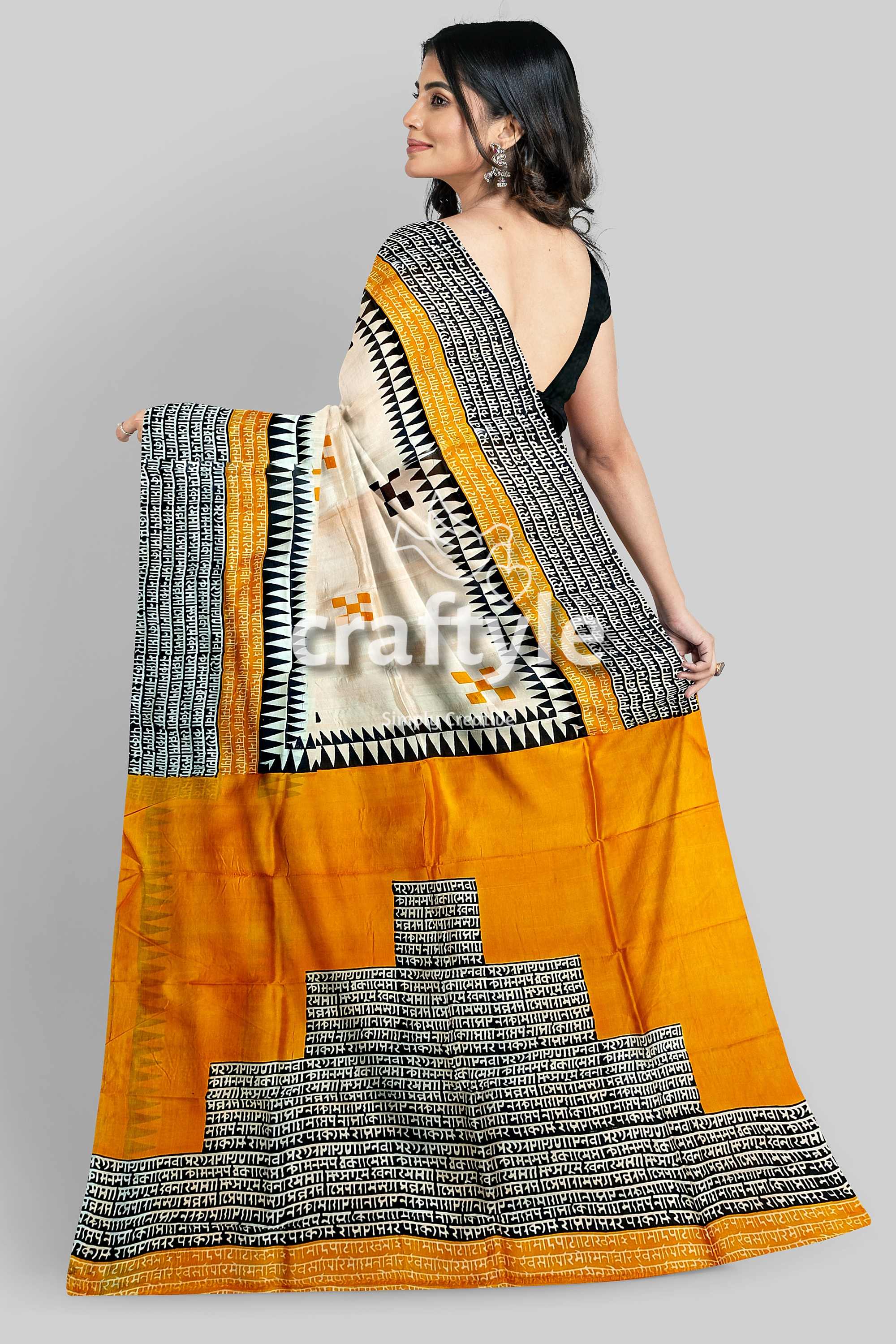 Hand Block Print Mulberry Pure Silk Saree - Saffron Yellow with Black Design - Craftyle