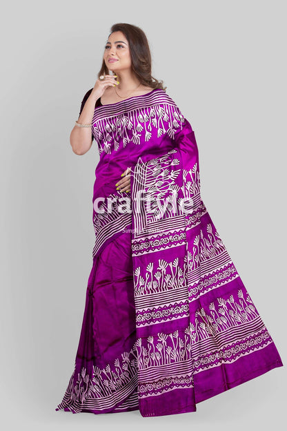 Hand Block Print Pure Mulberry Silk Saree - Purple White Elegant Indian Silk Sari - Craftyle