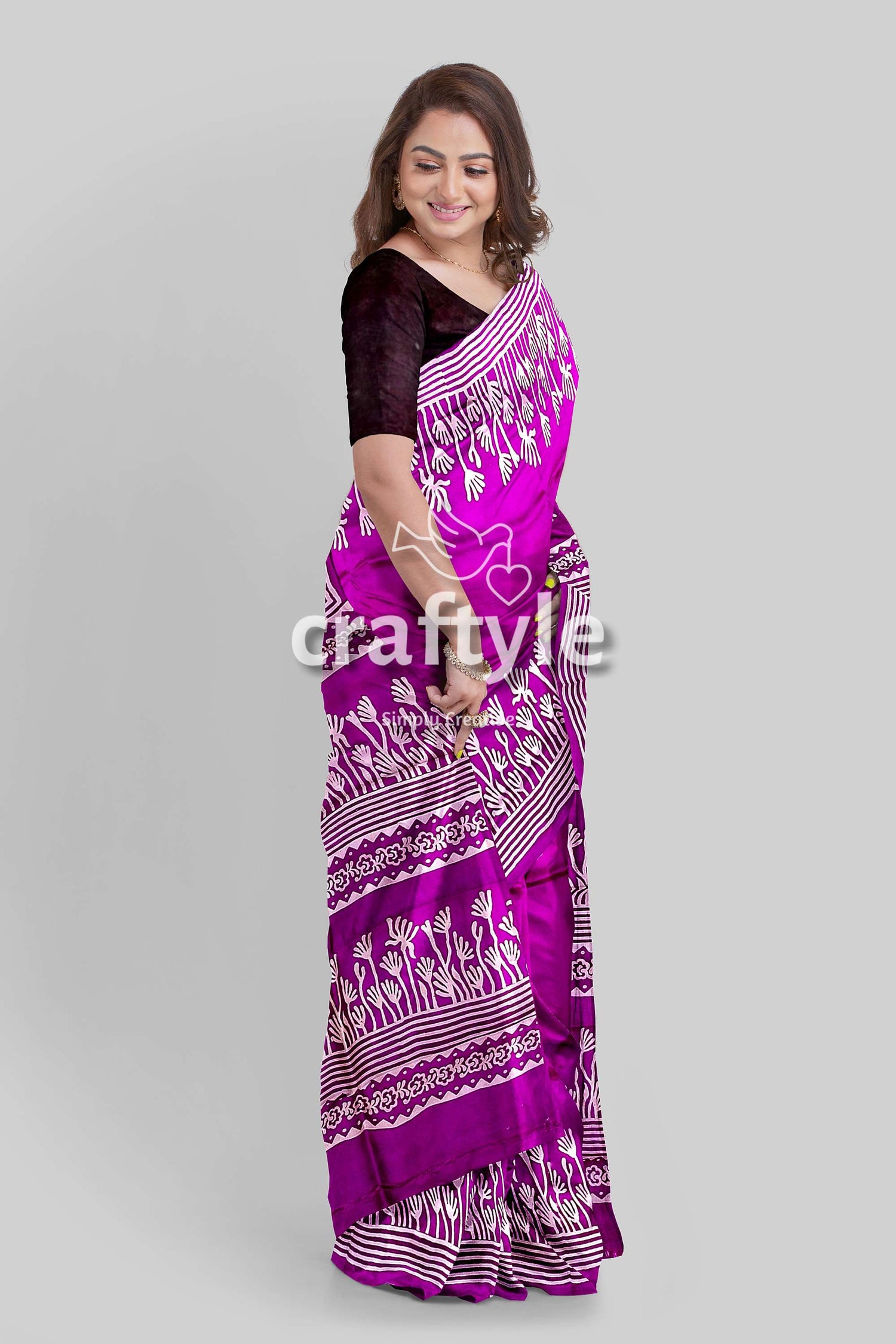 Hand Block Print Pure Mulberry Silk Saree - Purple White Elegant Indian Silk Sari - Craftyle