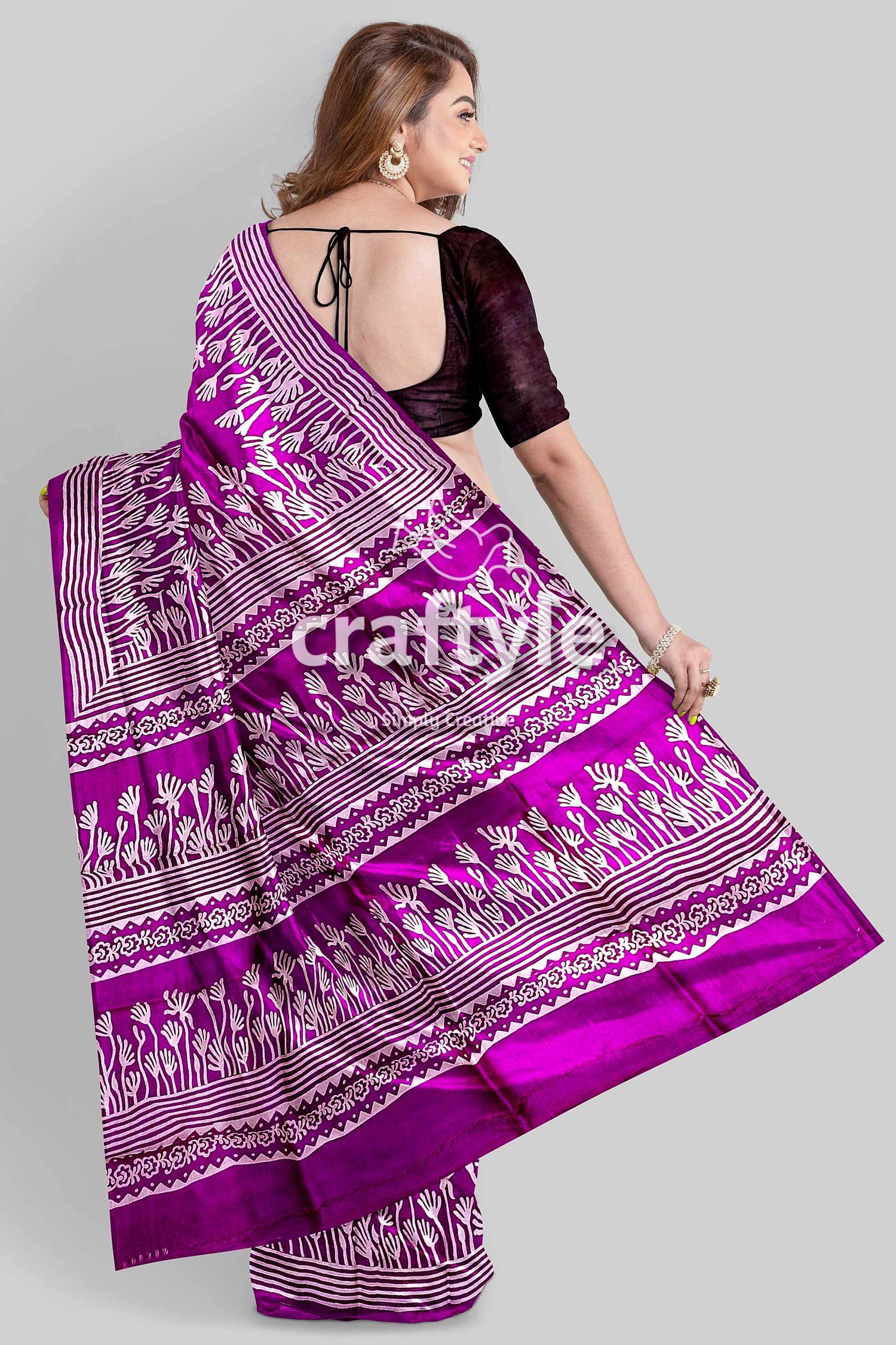 Hand Block Print Pure Mulberry Silk Saree - Purple White Elegant Indian Silk Sari - Craftyle