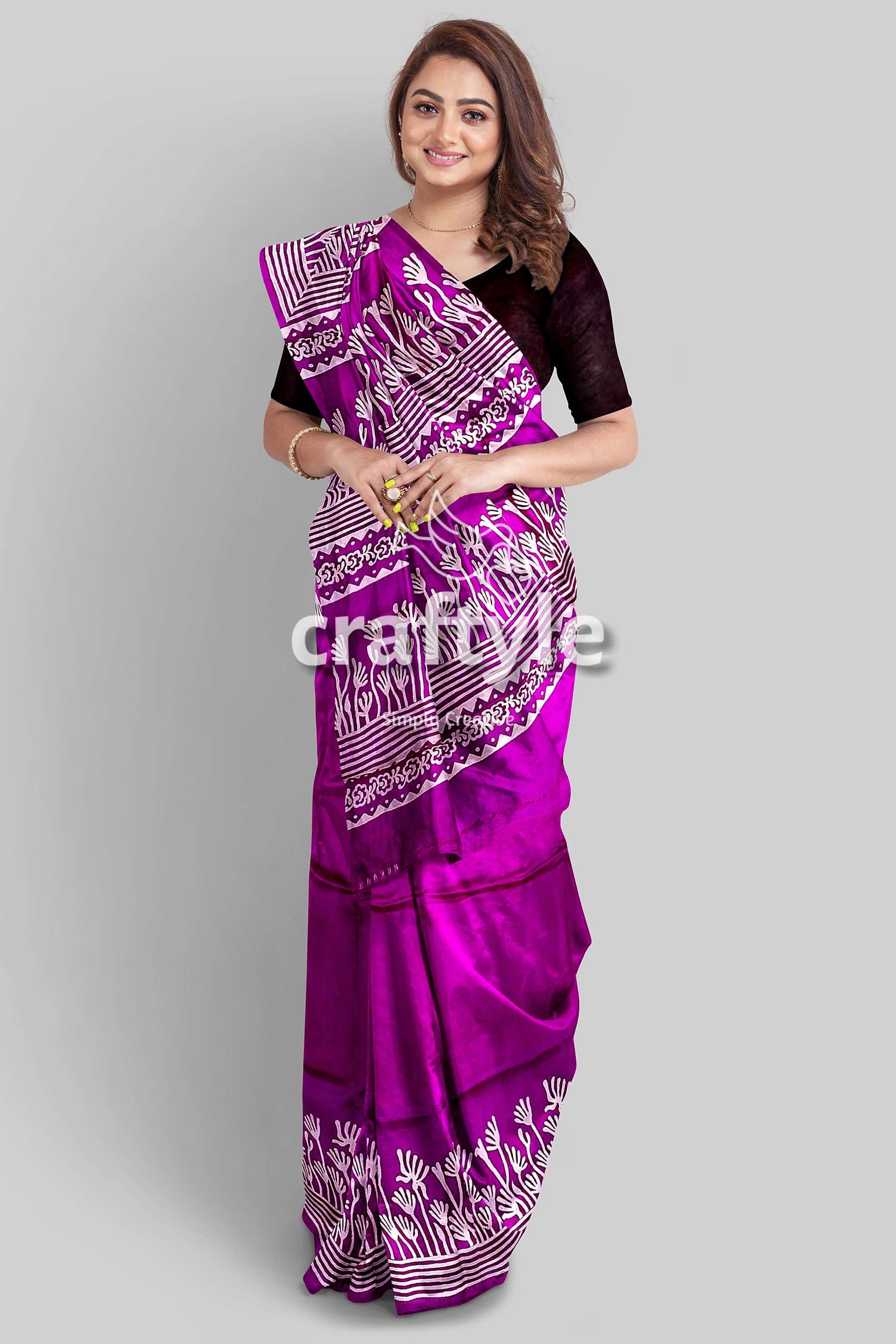 Hand Block Print Pure Mulberry Silk Saree - Purple White Elegant India ...