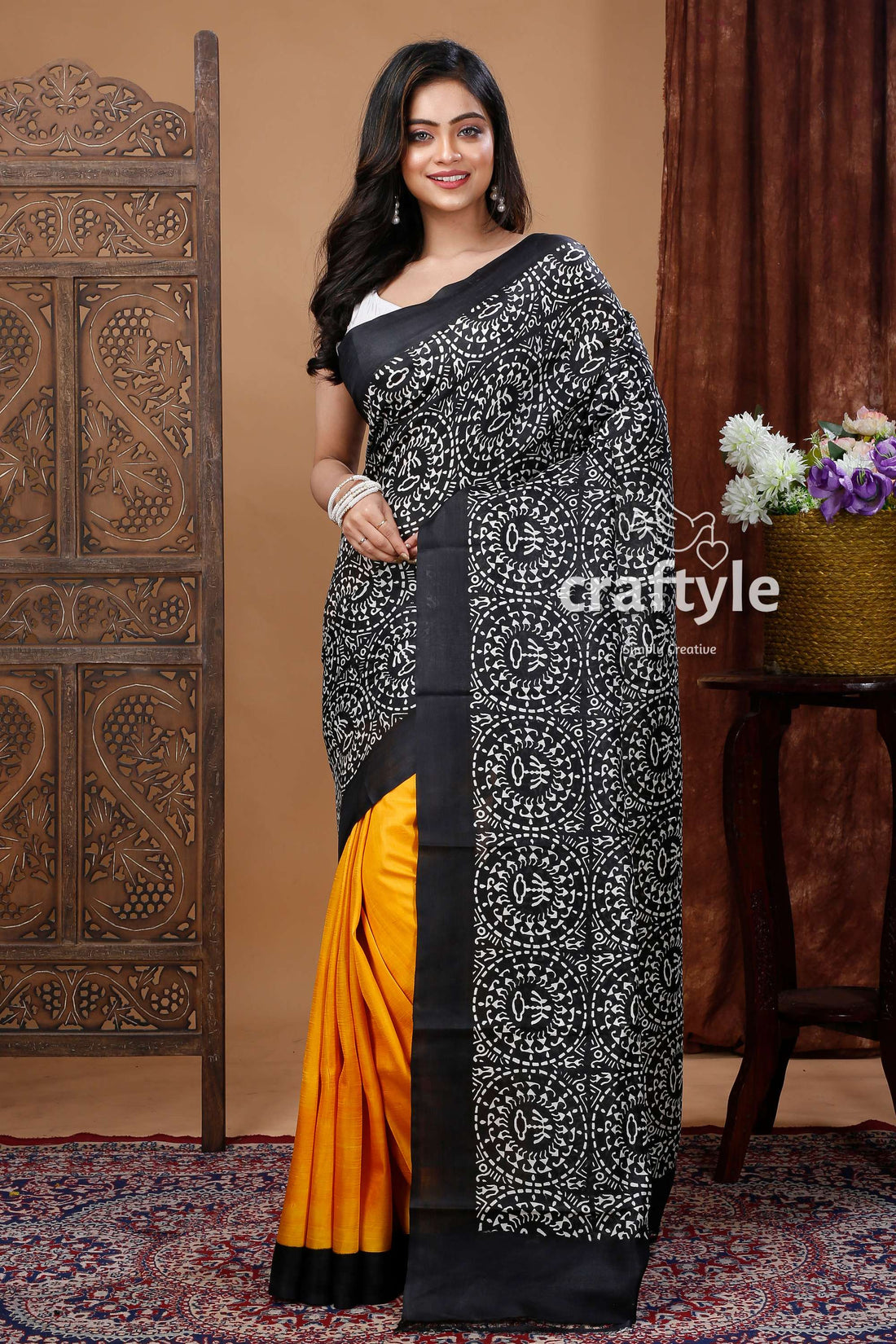 Hand Block Print Yellow and Black Warli Design Pure Mulberry Silk Saree - Craftyle