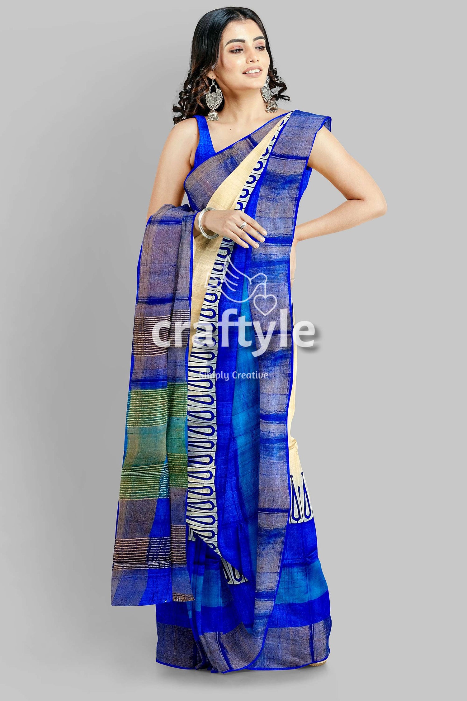 Hand Block Printed Azure Blue Pure Tussar Silk Saree with Zari Border - Craftyle