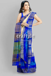 Hand Block Printed Azure Blue Pure Tussar Silk Saree with Zari Border - Craftyle