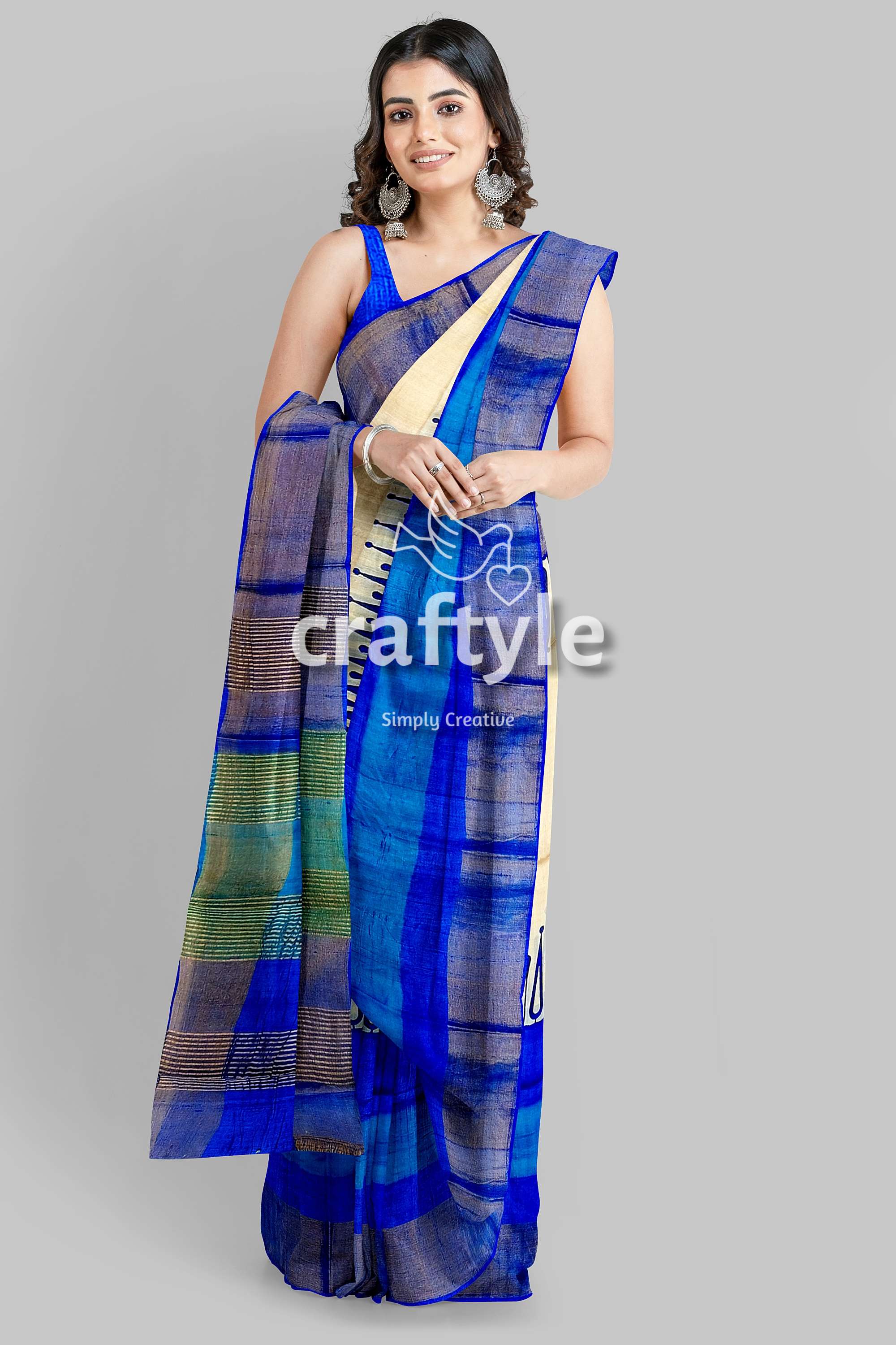 Hand Block Printed Azure Blue Pure Tussar Silk Saree with Zari Border - Craftyle