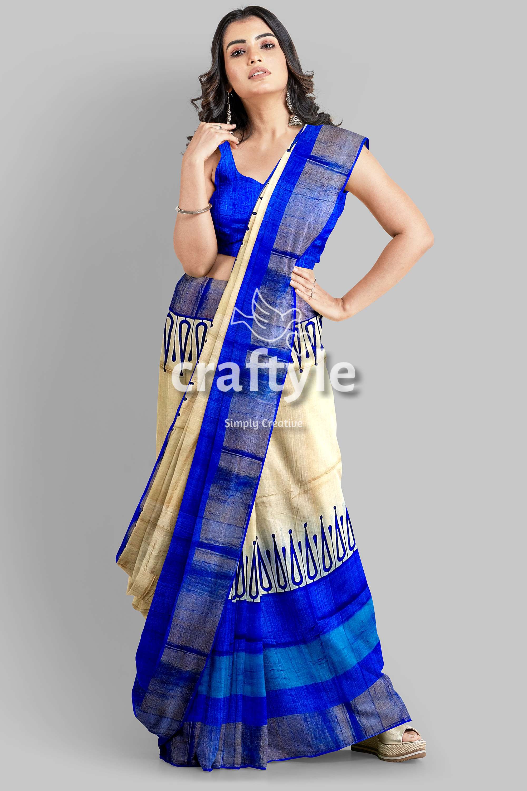 Hand Block Printed Azure Blue Pure Tussar Silk Saree with Zari Border - Craftyle