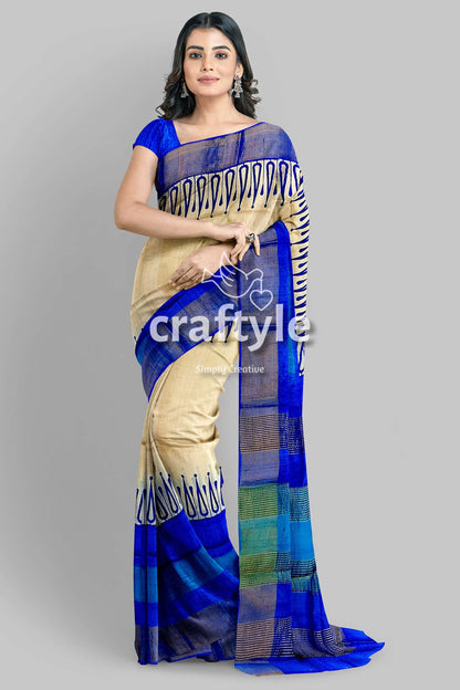 Hand Block Printed Azure Blue Pure Tussar Silk Saree with Zari Border - Craftyle