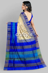 Hand Block Printed Azure Blue Pure Tussar Silk Saree with Zari Border - Craftyle