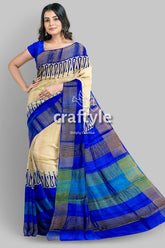 Hand Block Printed Azure Blue Pure Tussar Silk Saree with Zari Border - Craftyle