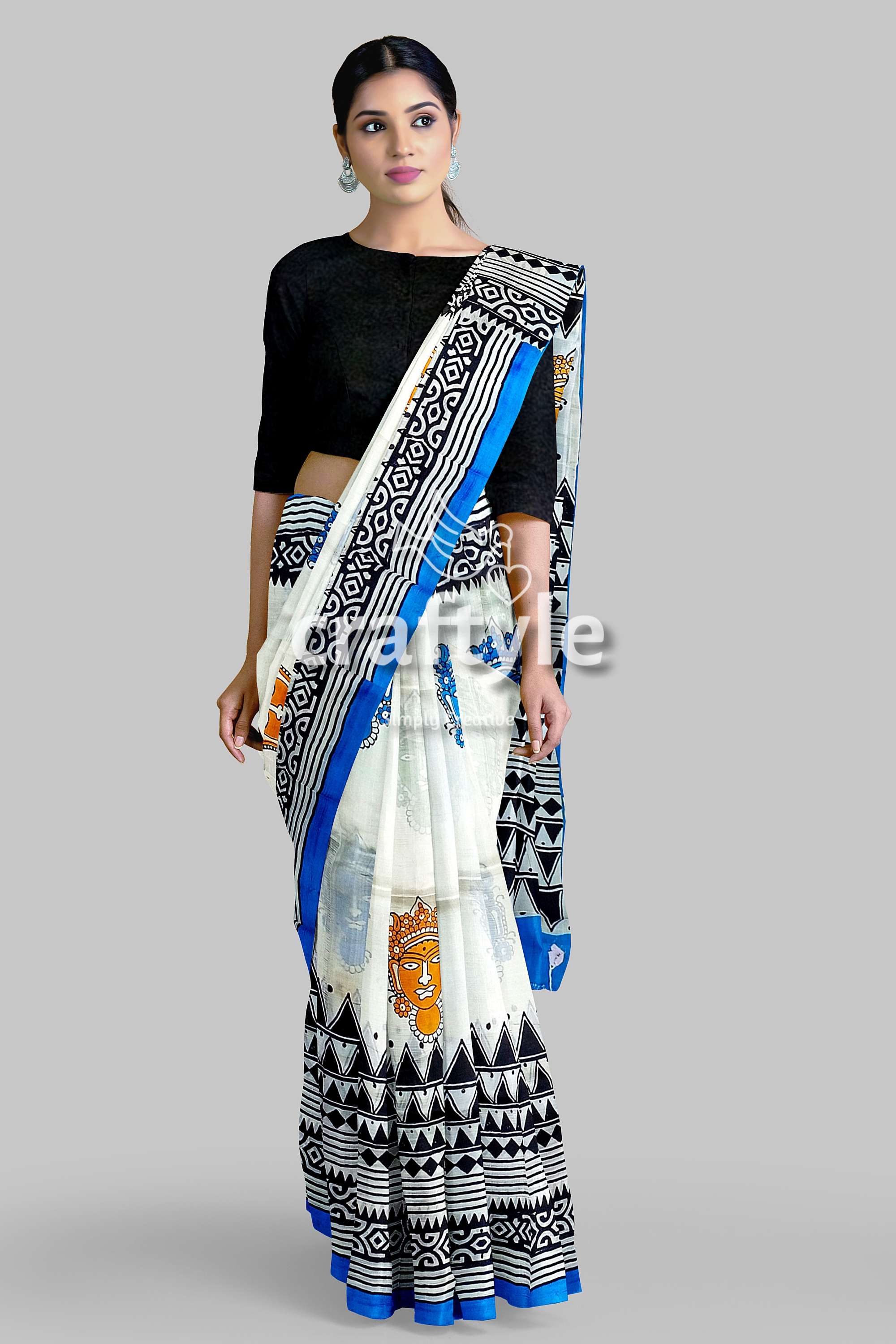 Hand Block Printed Mulberry Pure Silk Saree - Goddess Motif Design - Craftyle