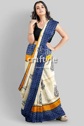 Hand Block Printed Mulberry Pure Silk Saree in White and Stone Blue - Craftyle