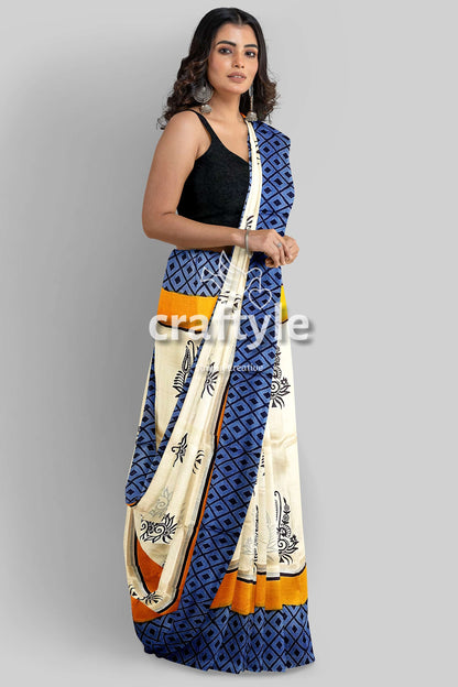 Hand Block Printed Mulberry Pure Silk Saree in White and Stone Blue - Craftyle