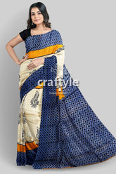 Hand Block Printed Mulberry Pure Silk Saree in White and Stone Blue - Craftyle