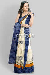 Hand Block Printed Mulberry Pure Silk Saree in White and Stone Blue - Craftyle