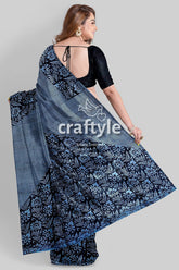 Hand Block Printed Mulberry Pure Silk Saree - Silver Lake Blue - Craftyle