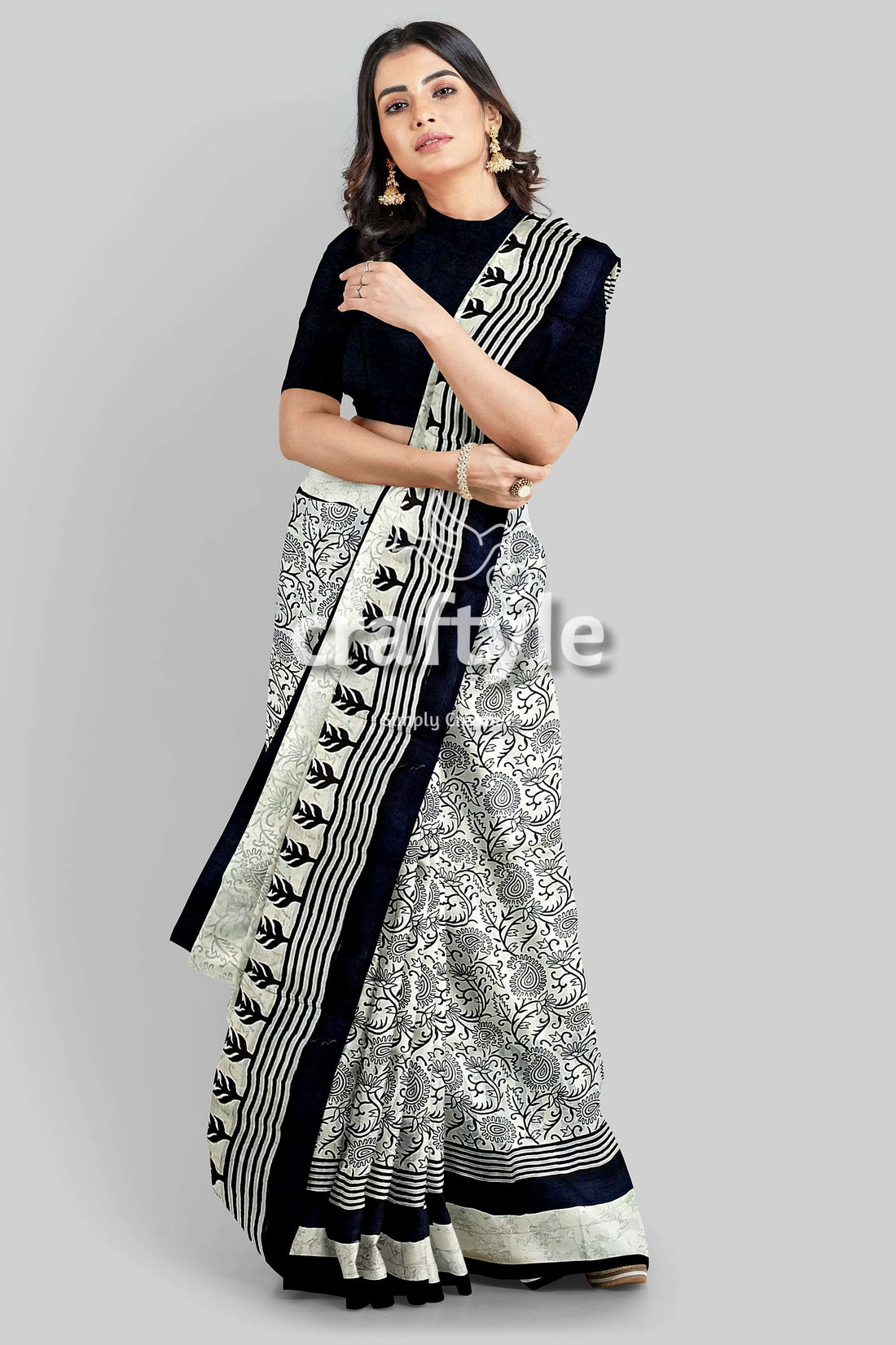 Hand Block Printed Pitch Black and White Mulberry Pure Silk Saree - Craftyle