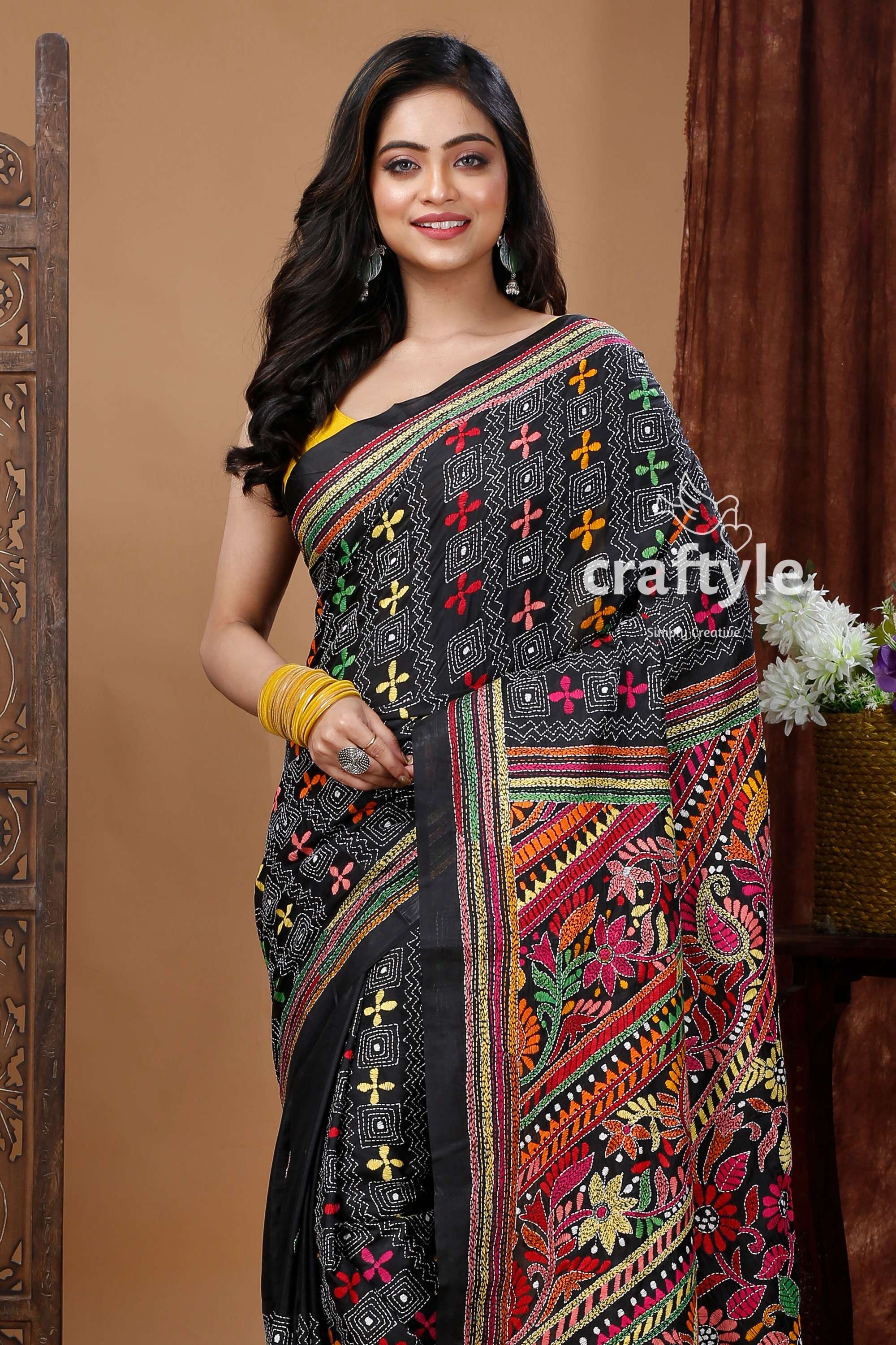 Hand-Embroidered Grease Black Silk Kantha Stitch Saree-Craftyle