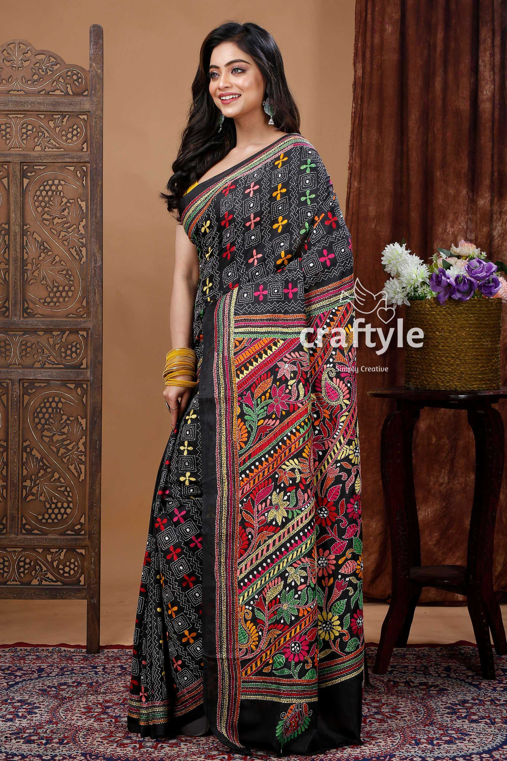 Hand-Embroidered Grease Black Silk Kantha Stitch Saree-Craftyle