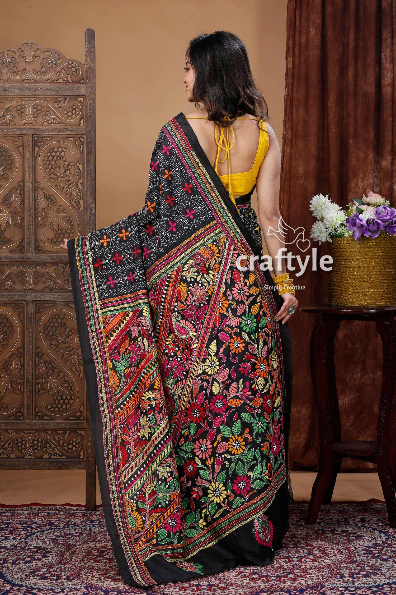 Hand-Embroidered Grease Black Silk Kantha Stitch Saree-Craftyle