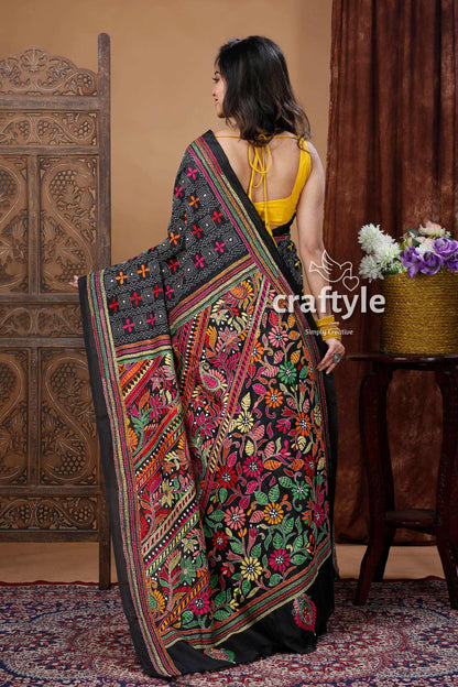 Hand-Embroidered Grease Black Silk Kantha Stitch Saree-Craftyle