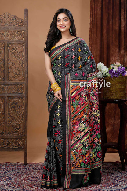 Hand-Embroidered Grease Black Silk Kantha Stitch Saree-Craftyle