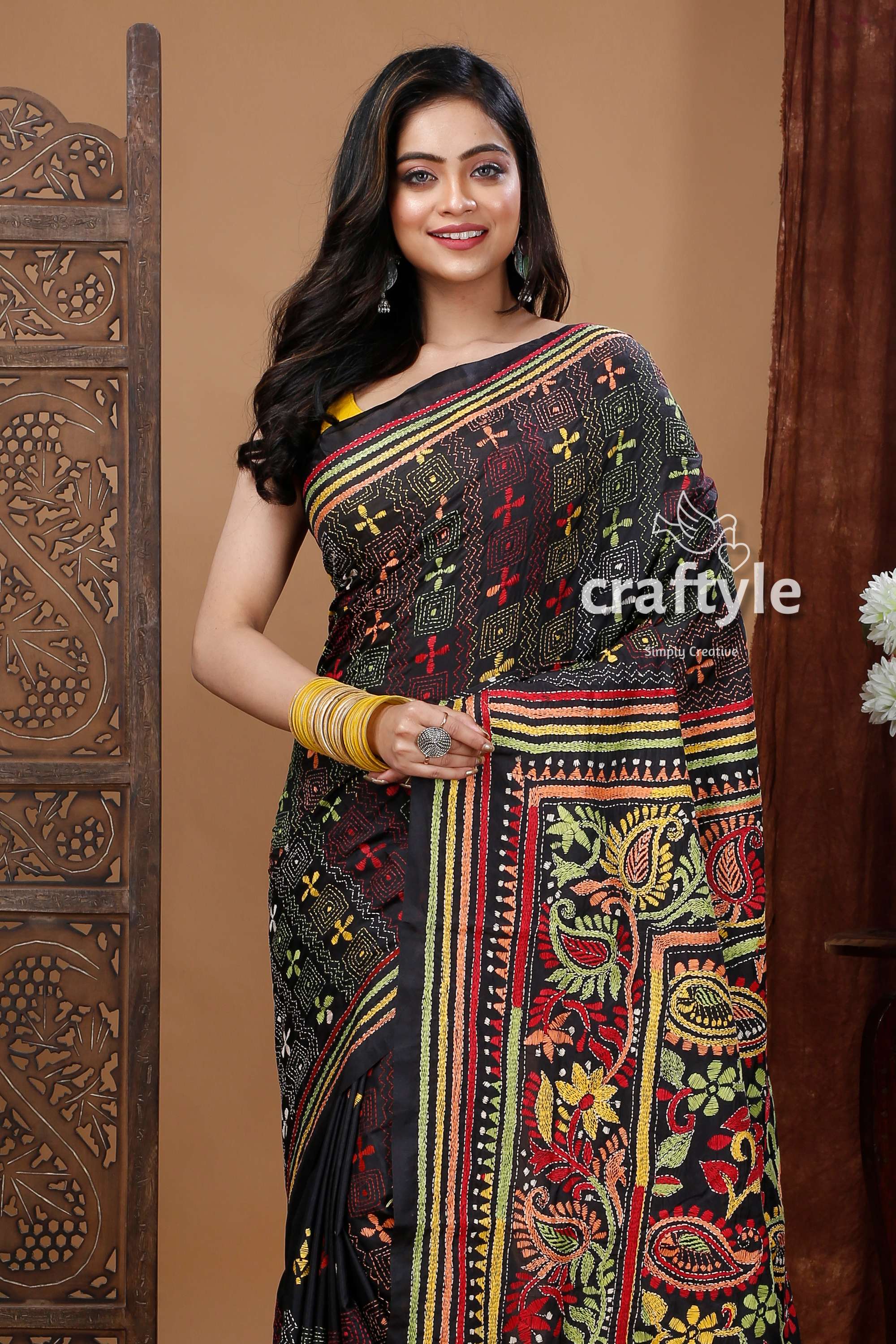 Hand-Embroidered Raven Black Multicolor Traditional Silk Kantha Saree-Craftyle