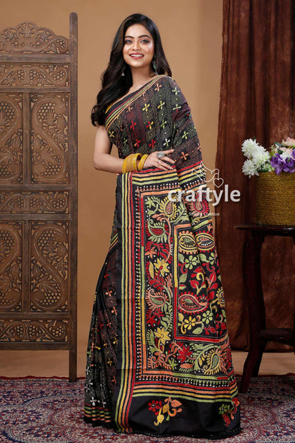 Hand-Embroidered Raven Black Multicolor Traditional Silk Kantha Saree-Craftyle