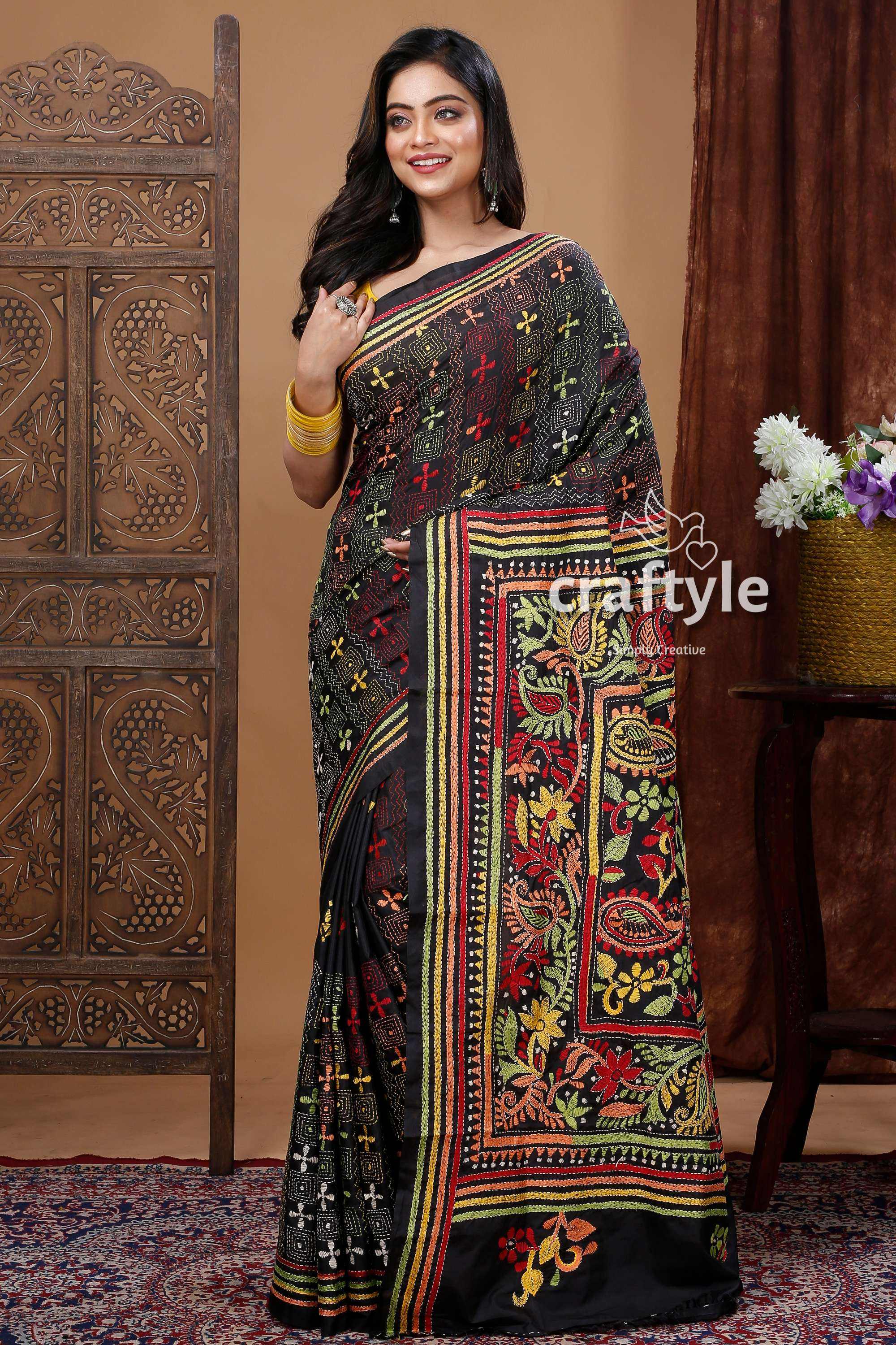 Hand-Embroidered Raven Black Multicolor Traditional Silk Kantha Saree-Craftyle