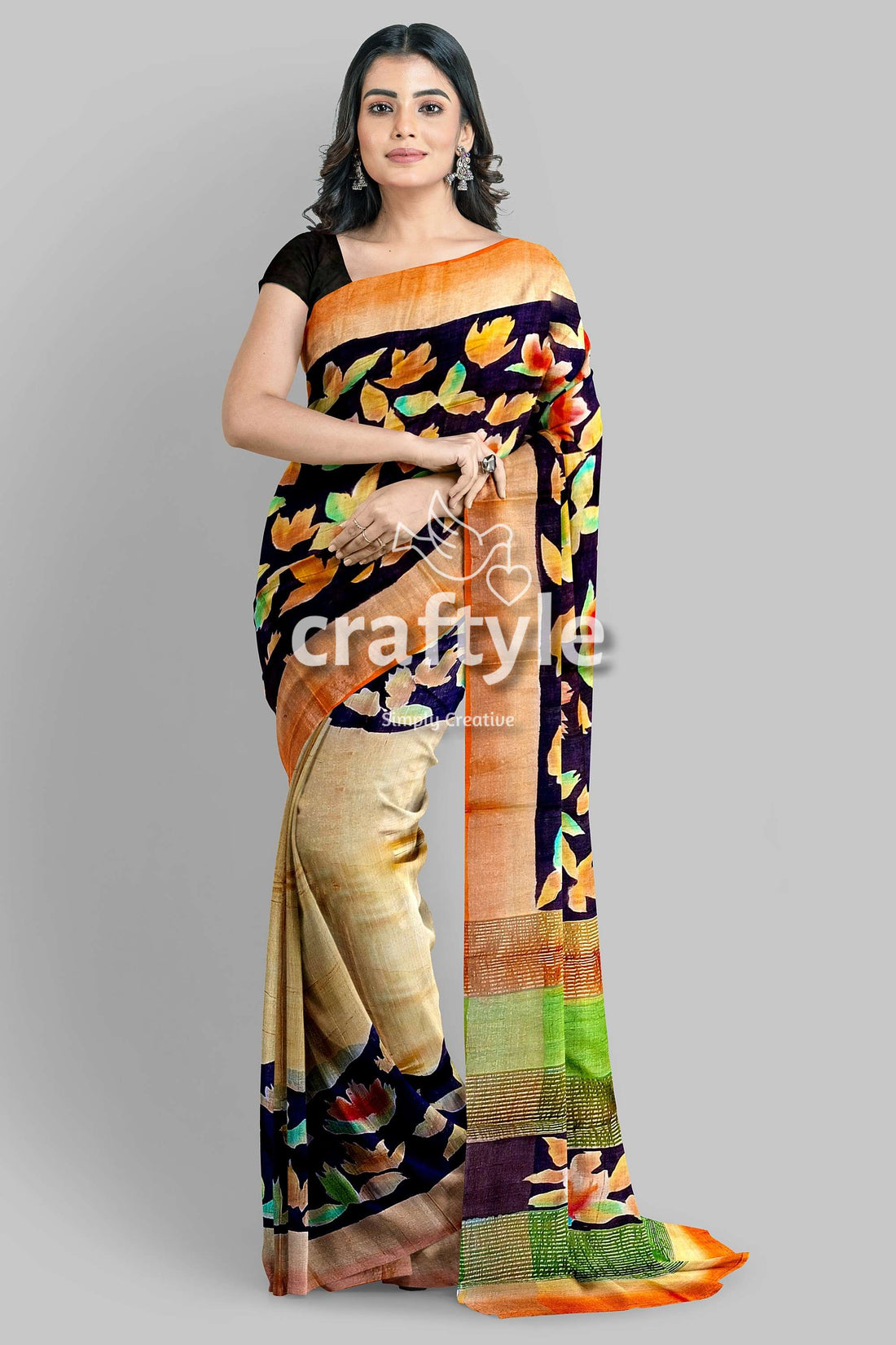 Hand Painted Almond White Zari Tussar Silk Saree - Exquisite Luxurious - Craftyle