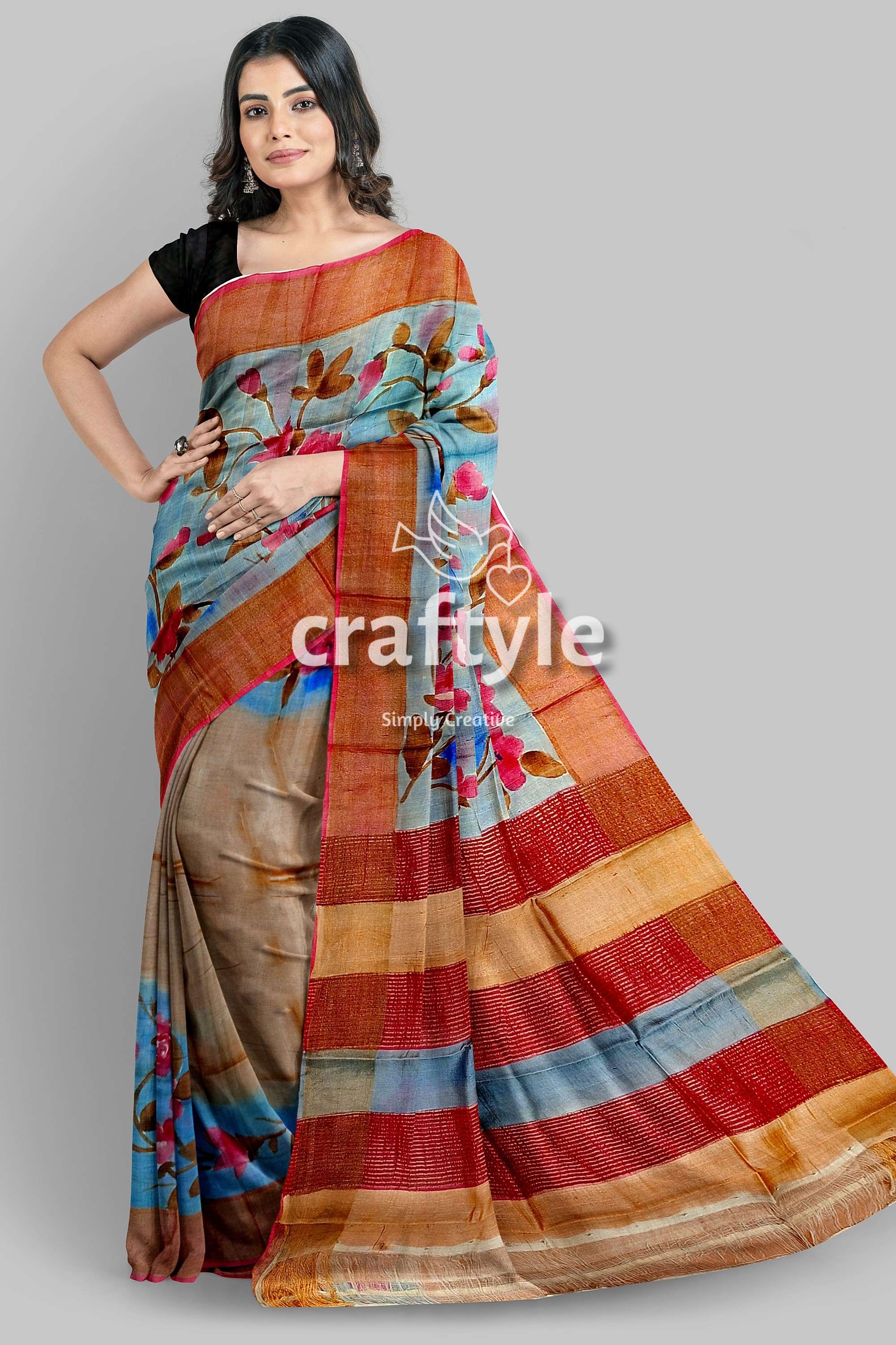 Hand Painted Blue Grey Pure Tussar Silk Saree with Zari Detailing - Craftyle