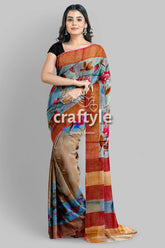 Hand Painted Blue Grey Pure Tussar Silk Saree with Zari Detailing - Craftyle