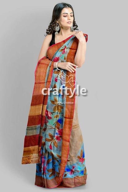 Hand Painted Blue Grey Pure Tussar Silk Saree with Zari Detailing - Craftyle