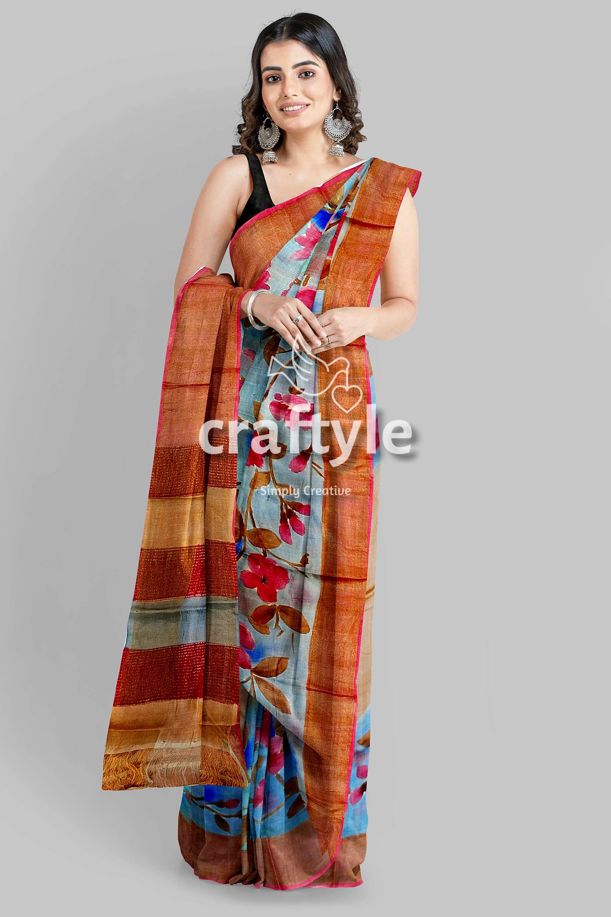 Hand Painted Blue Grey Pure Tussar Silk Saree with Zari Detailing - Craftyle