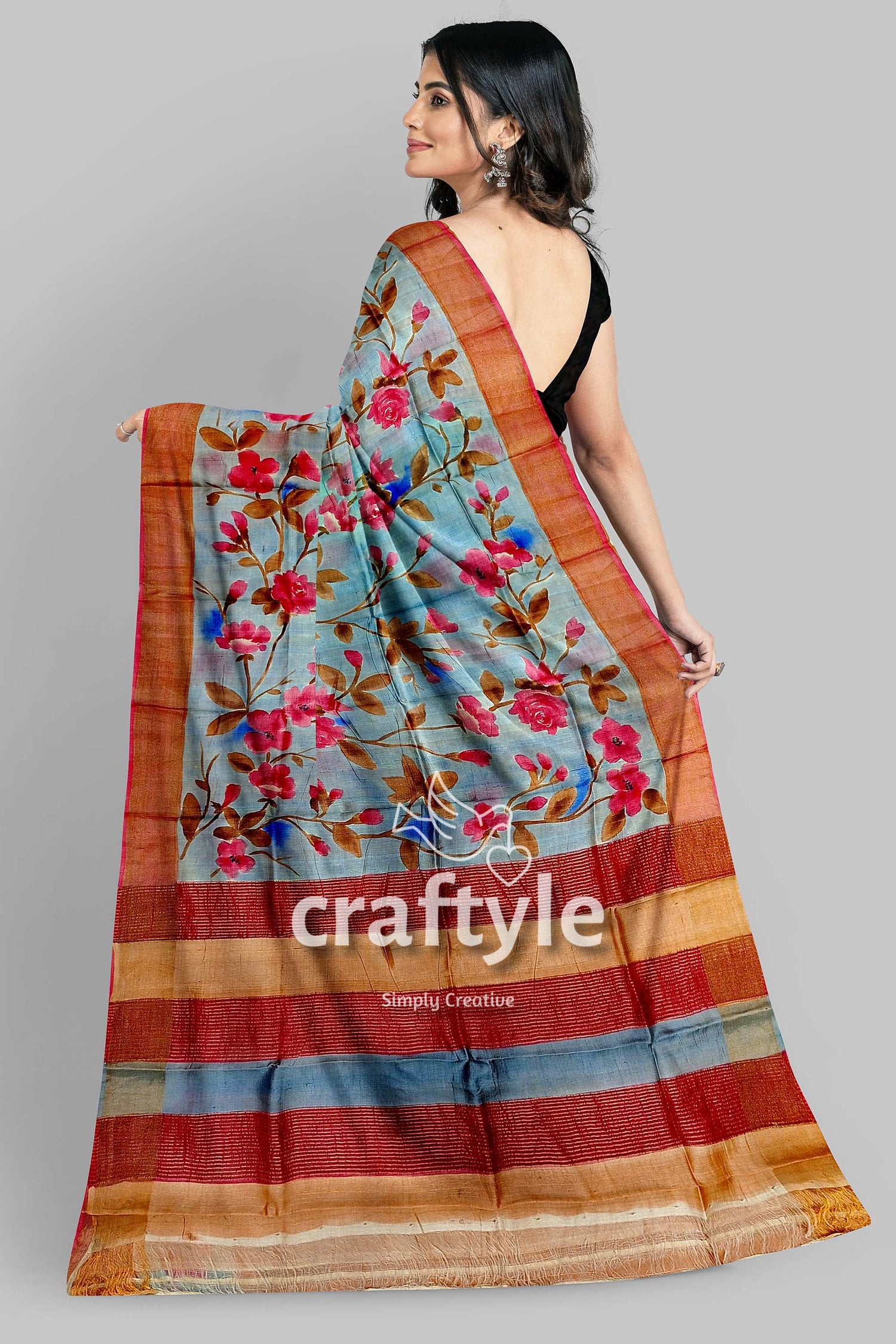 Hand Painted Blue Grey Pure Tussar Silk Saree with Zari Detailing - Craftyle