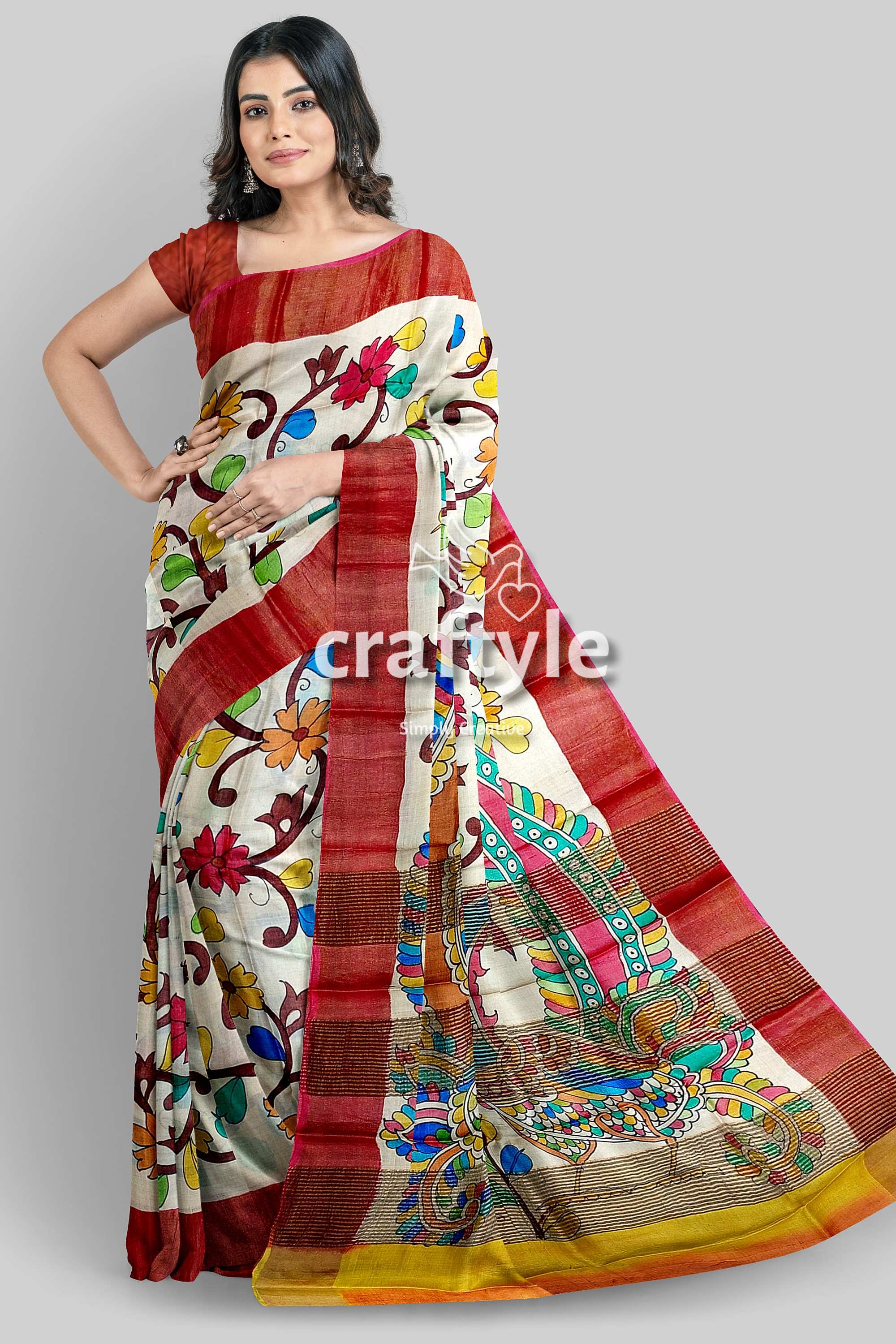 Hand Painted Floral Tussar Kalamkari Saree with Zari Border - Pure Tussar Silk - Craftyle