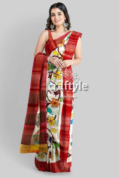 Hand Painted Floral Tussar Kalamkari Saree with Zari Border - Pure Tussar Silk - Craftyle