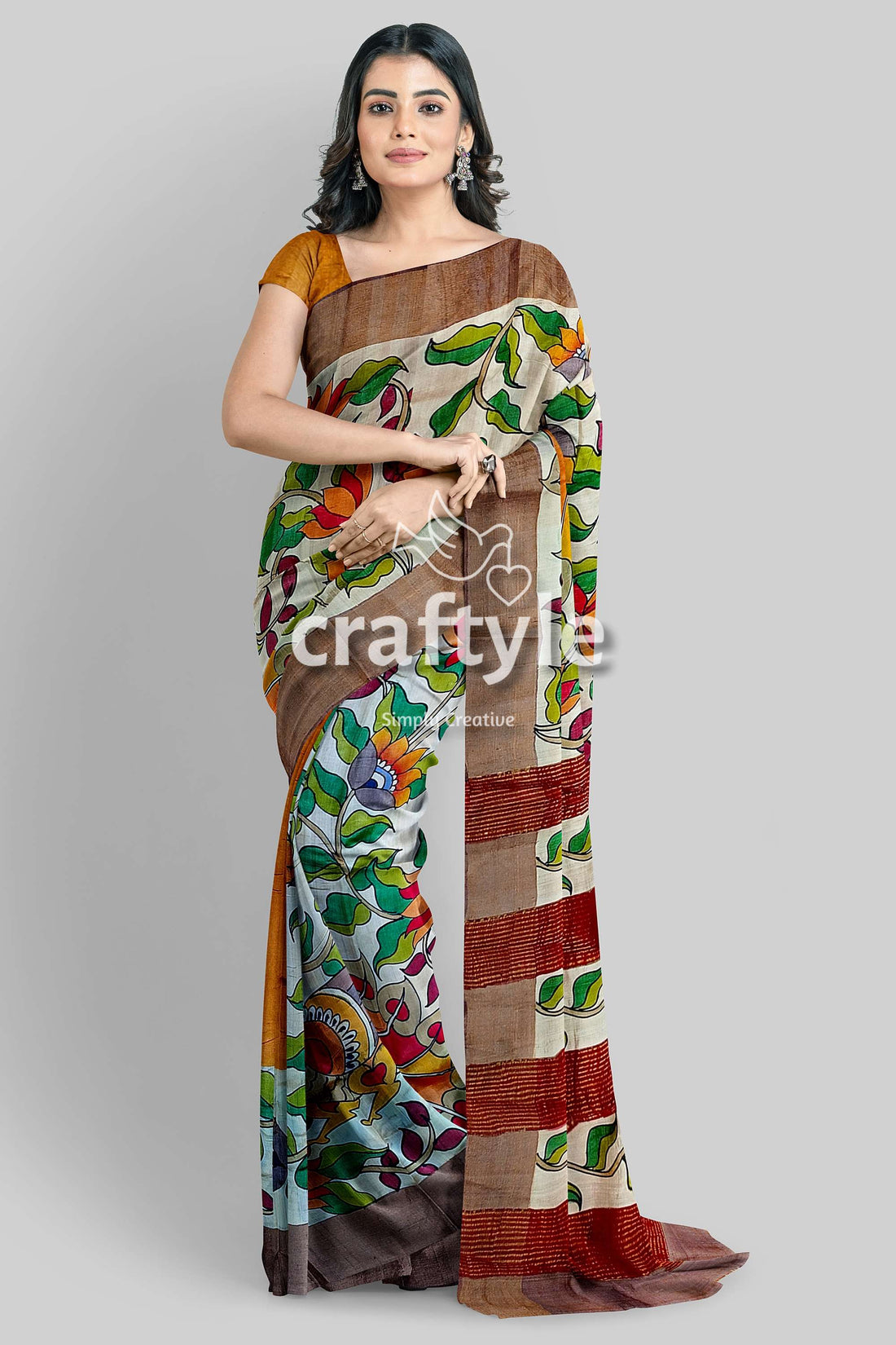 Hand Painted Green Leaf Pure Tussar Kalamkari Saree with Zari Border - Craftyle