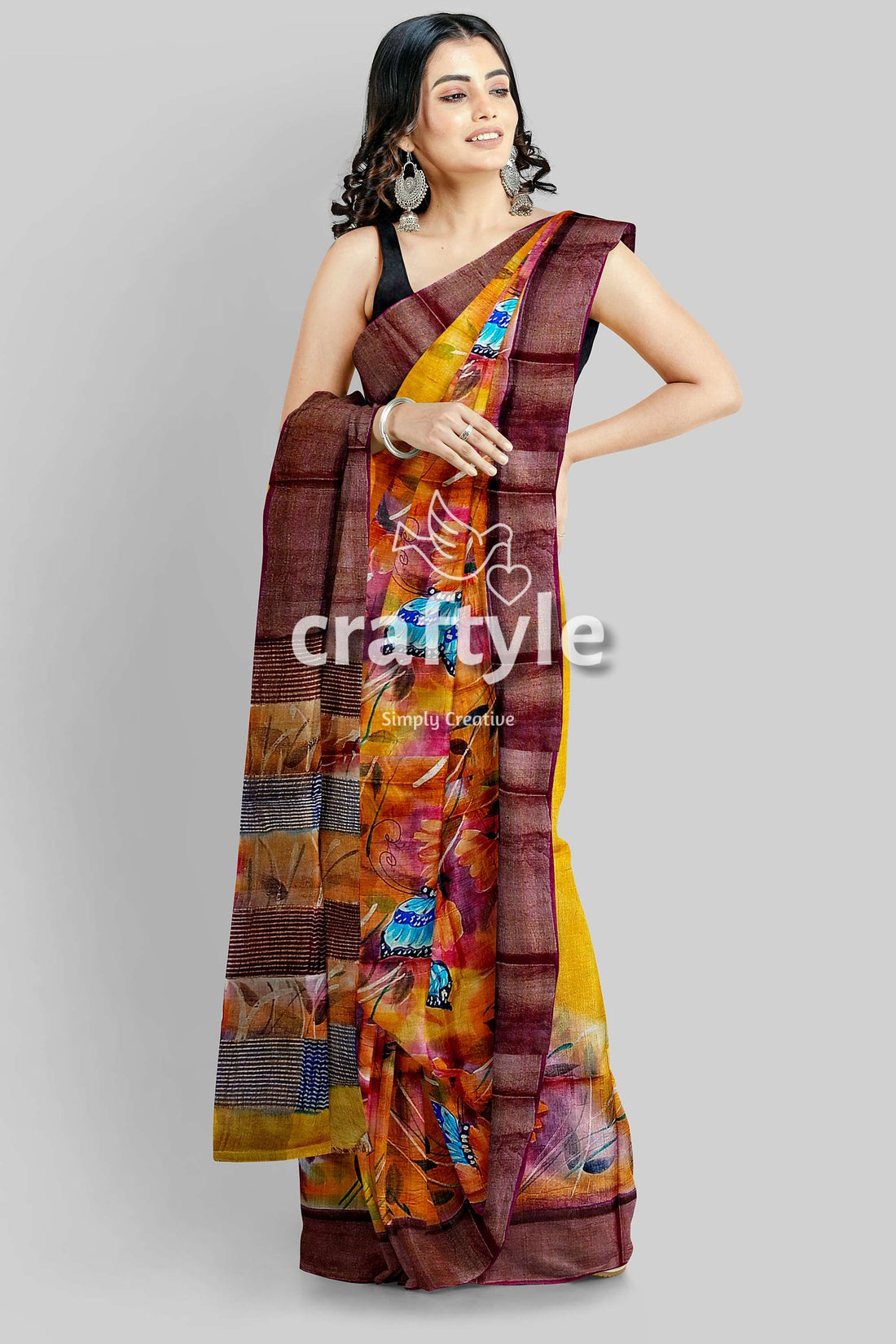 Hand Painted Indian Yellow Zari Pure Tussar Silk Saree - Exquisite Design - Craftyle