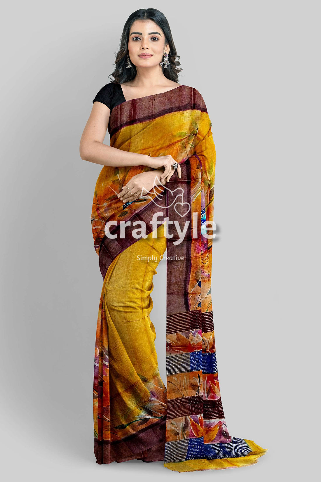 Hand Painted Indian Yellow Zari Pure Tussar Silk Saree - Exquisite Design - Craftyle