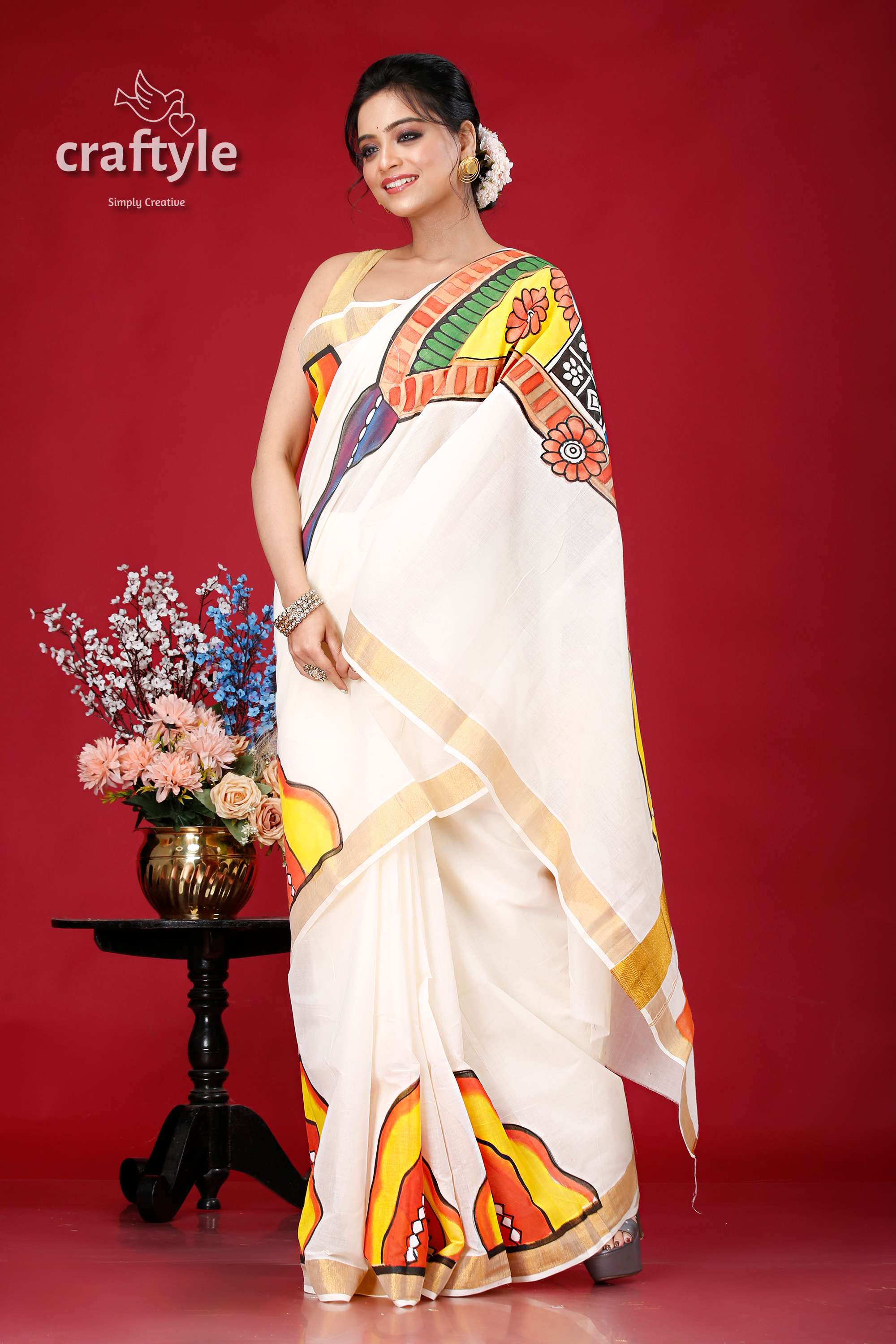 Hand Painted Kathakali Kerala Cotton Saree - Vibrant Indian Design - Craftyle