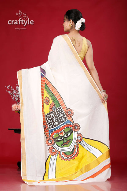 Hand Painted Kathakali Kerala Cotton Saree - Vibrant Indian Design - Craftyle