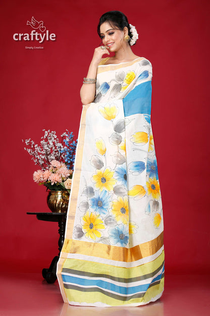 Hand Painted Kerala Cotton Saree in Floral Motif - Unique and Elegant - Craftyle