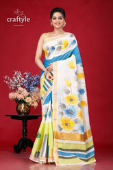 Hand Painted Kerala Cotton Saree in Floral Motif - Unique and Elegant - Craftyle