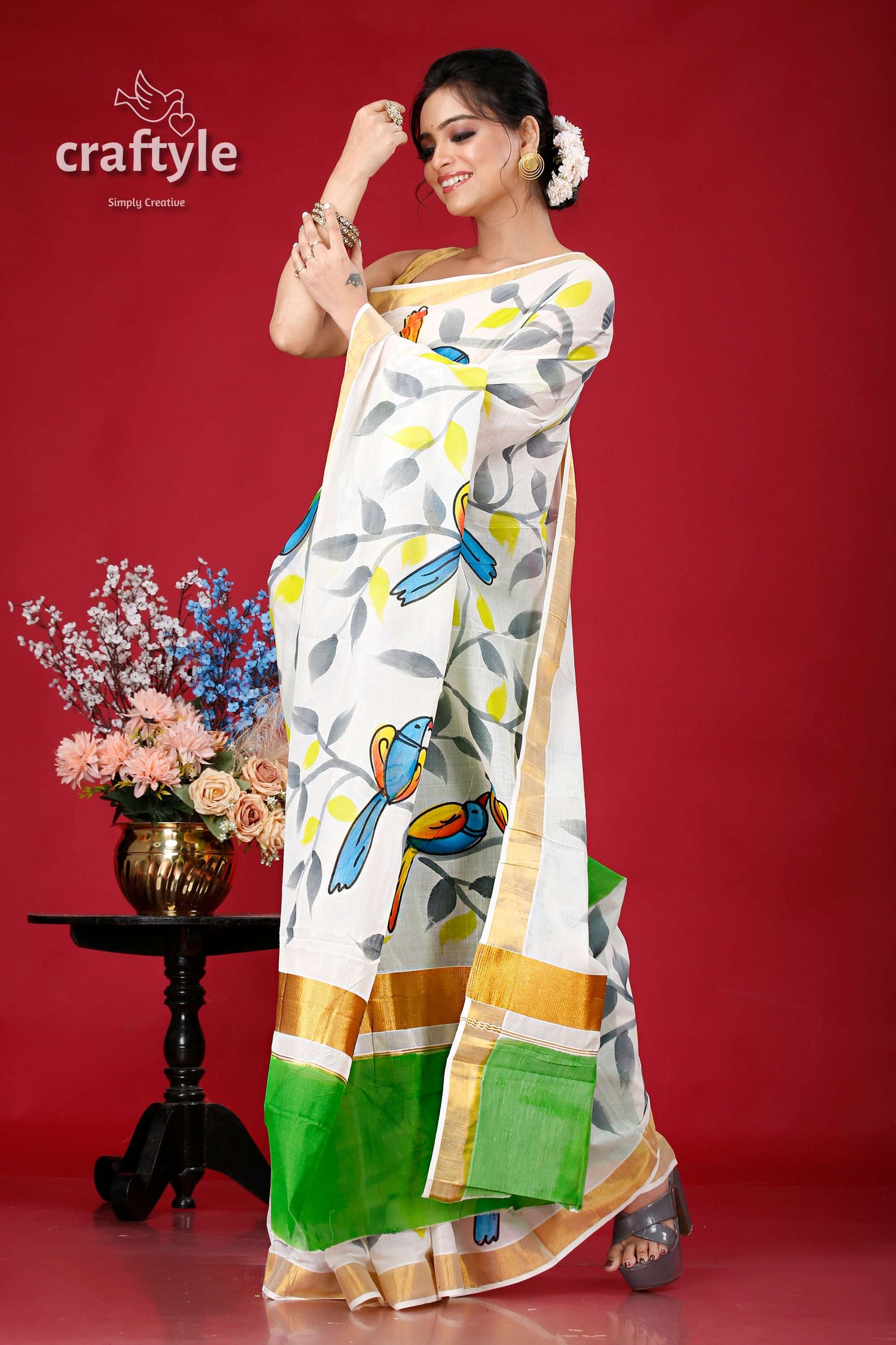 Hand Painted Kerala Cotton Saree with Elegant Bird Motif Design - Craftyle