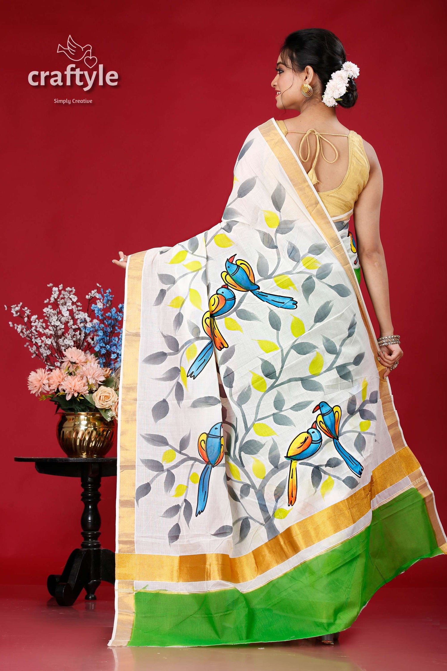 Hand Painted Kerala Cotton Saree with Elegant Bird Motif Design - Craftyle