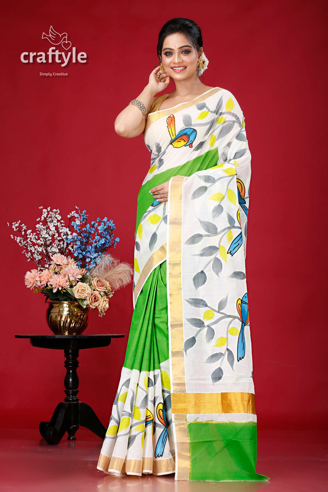 Hand Painted Kerala Cotton Saree with Elegant Bird Motif Design - Craftyle