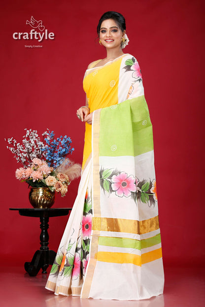 Hand Painted Kerala Cotton Saree with Floral Motif - Perfect for Any Occasion - Craftyle